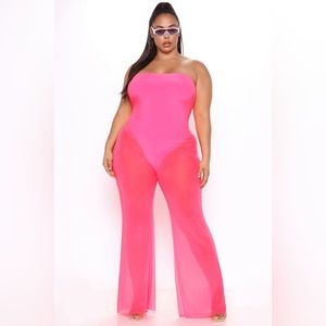 FashionNova Neon Pink Mesh Jumpsuit